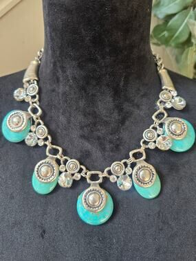 Turquoise Blue Medallion Charm Statement Necklace Silver Tone Boho